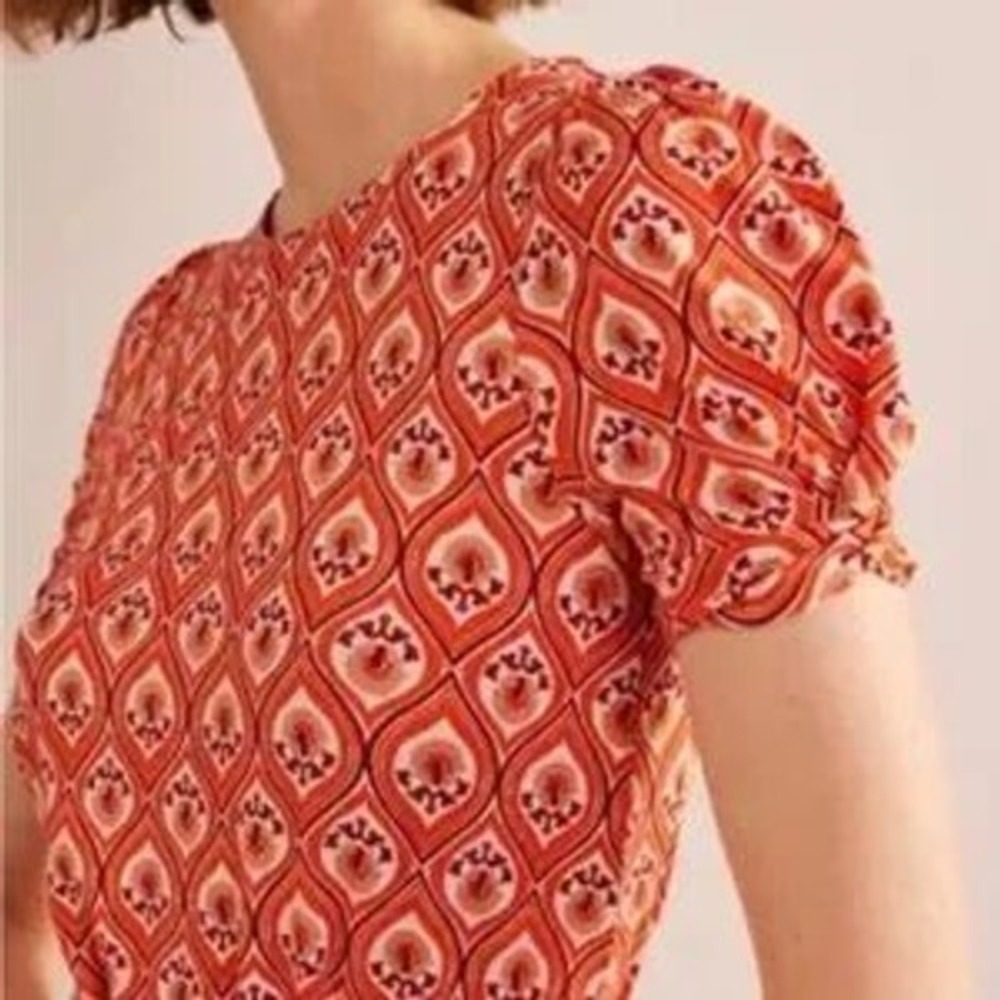 Boden Women's Puff Sleeve Tie Waist Dress Size US 4R UK 8R Red Geometric Print - Picture 10 of 10